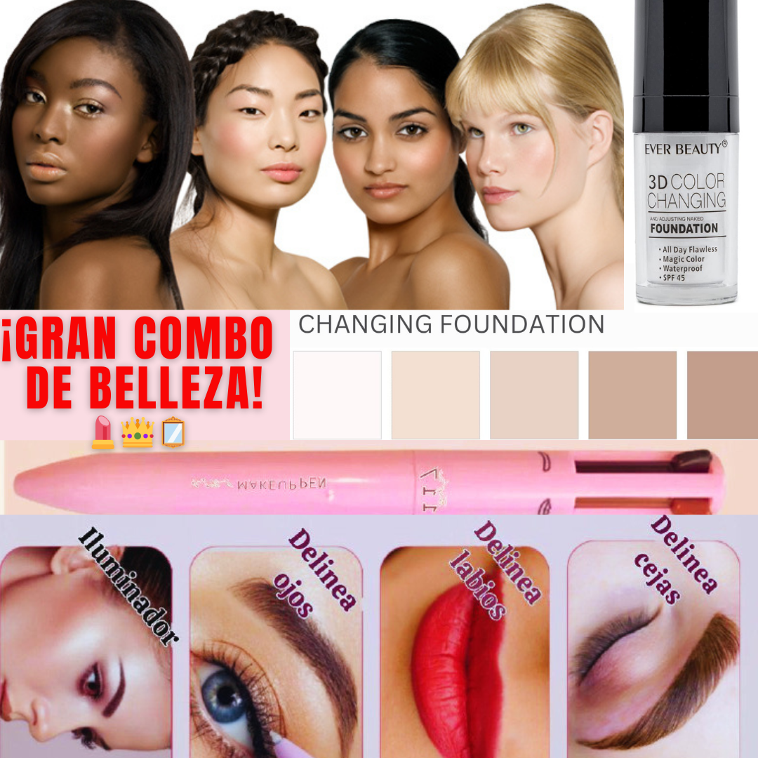 ¡GRAN COMBO DE BELLEZA! ... Base Mágica de Maquillaje + Bolígrafo de Maquillaje 4 en 1™.. ¡La Pareja Perfecta!.. ¡Vamos a resaltar esa belleza al máximo! 😄🌟 Logra una Transformación Instantánea en Tu Rostro. 💄
